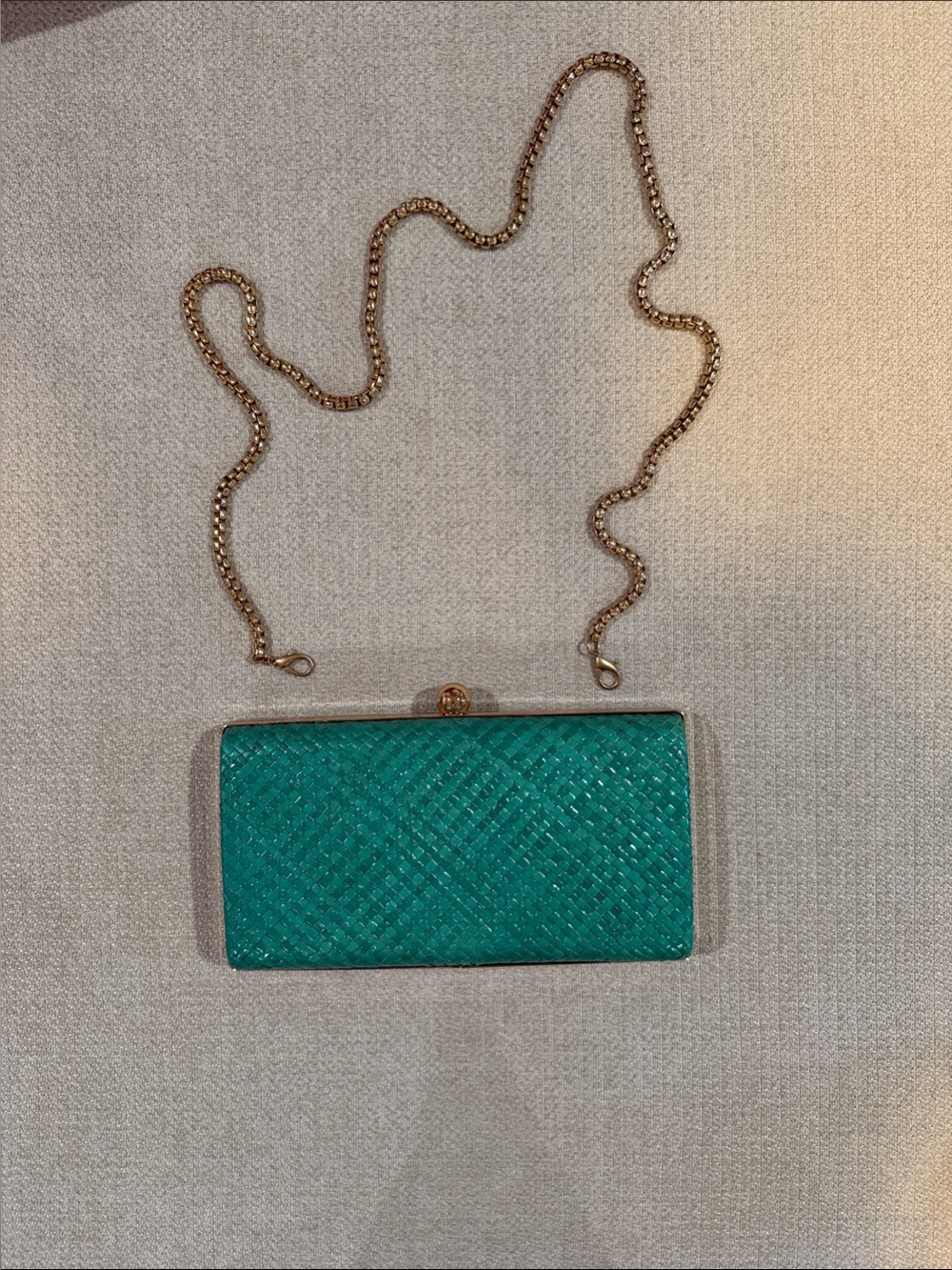 Teal Woven Clutch with Gold Chain Shoulder Strap